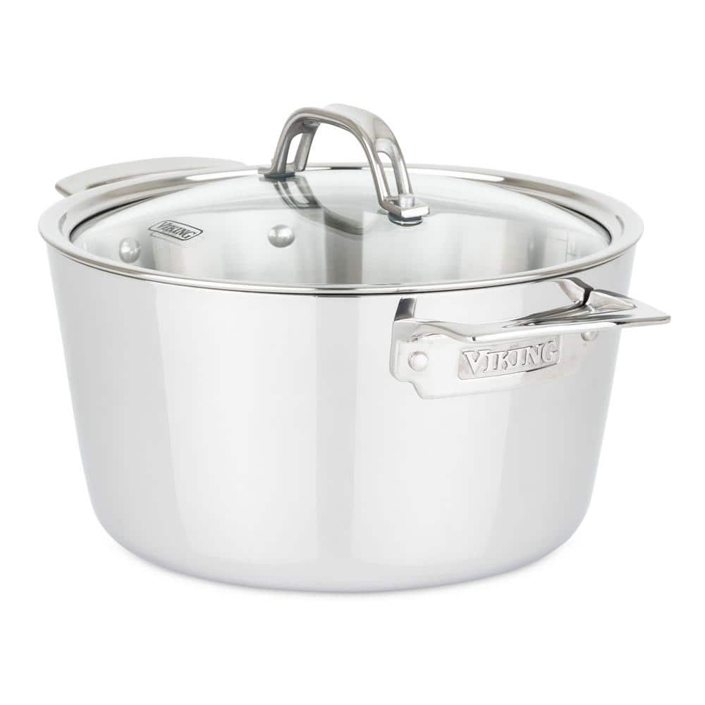 Viking 3-Ply Contemporary 5.2 Qt, 4.9L Stainless Steel Dutch Oven with Glass Lid, Mirror Finish