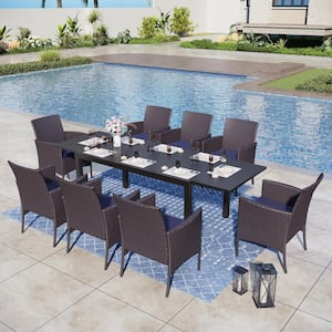 9-Piece Black Metal Patio Outdoor Dining Set with Extendable Table and Rattan Chairs with Blue Cushion