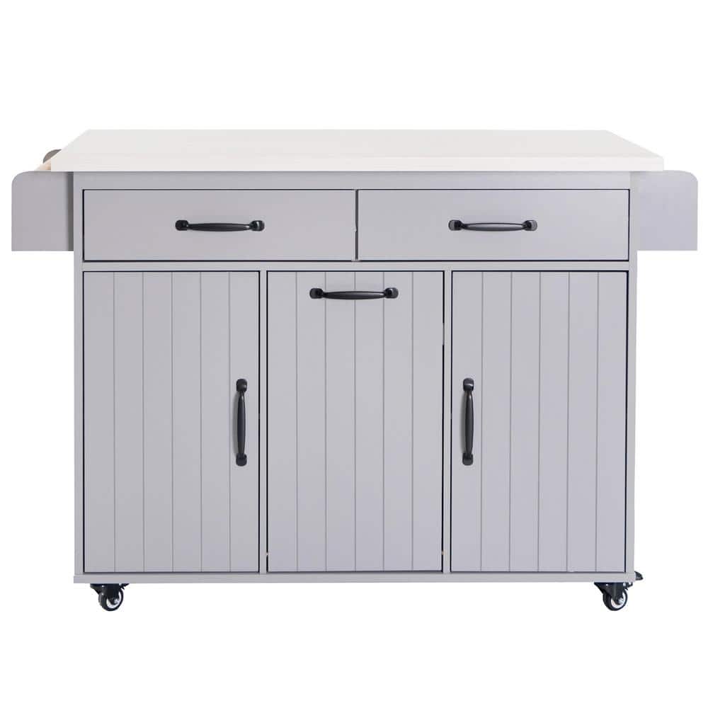 Gray Particle Board Kitchen Cart with 2 Door Cabinet, Spice Rack, Drop Leaf