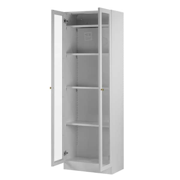 VINGLI 64 inch Tall Storage Cabinet Bathroom Linen Closet Storage Tower White Home Decor with 2 Open Shelves and 2 Cabinets with Glass Doors for