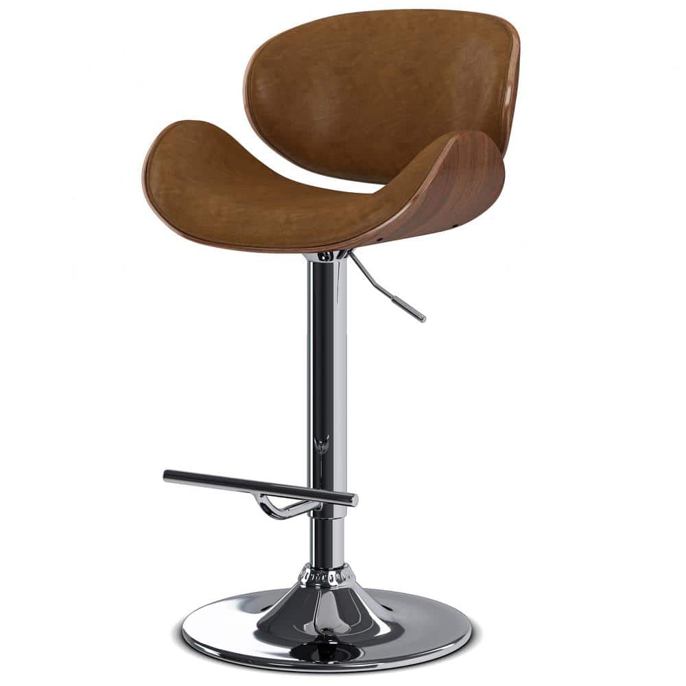 Deep Tan Vegan Faux Leather Adjustable Swivel Bar Stool with Natural Bentwood