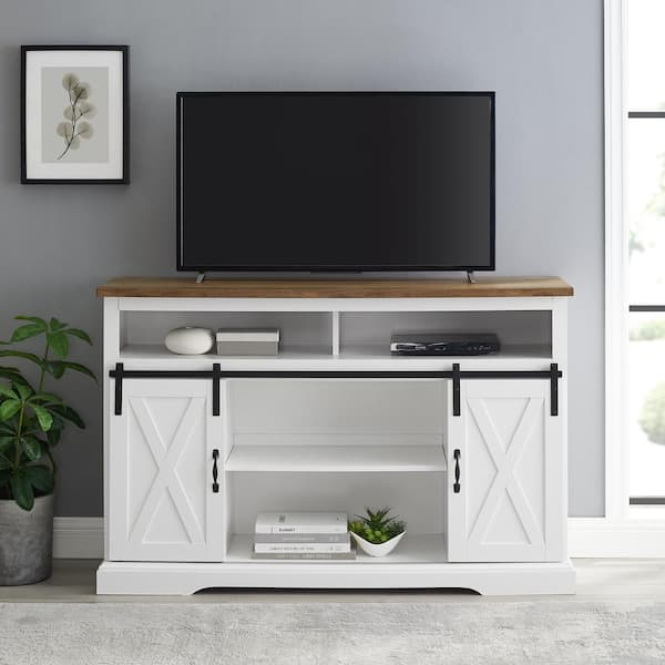 52 in. Farmhouse White and Rustic Oak Wood TV Stand with Sliding Barn Doors (Max TV Size 60 in.)