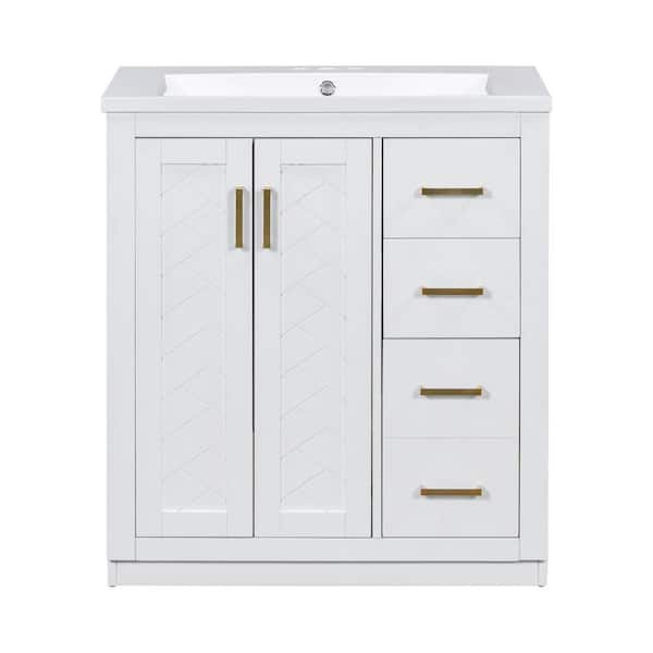 JimsMaison 30 in. W x 18 in. D x 34 in. H Single Sink Freestanding Bath Vanity in White with White Resin Top