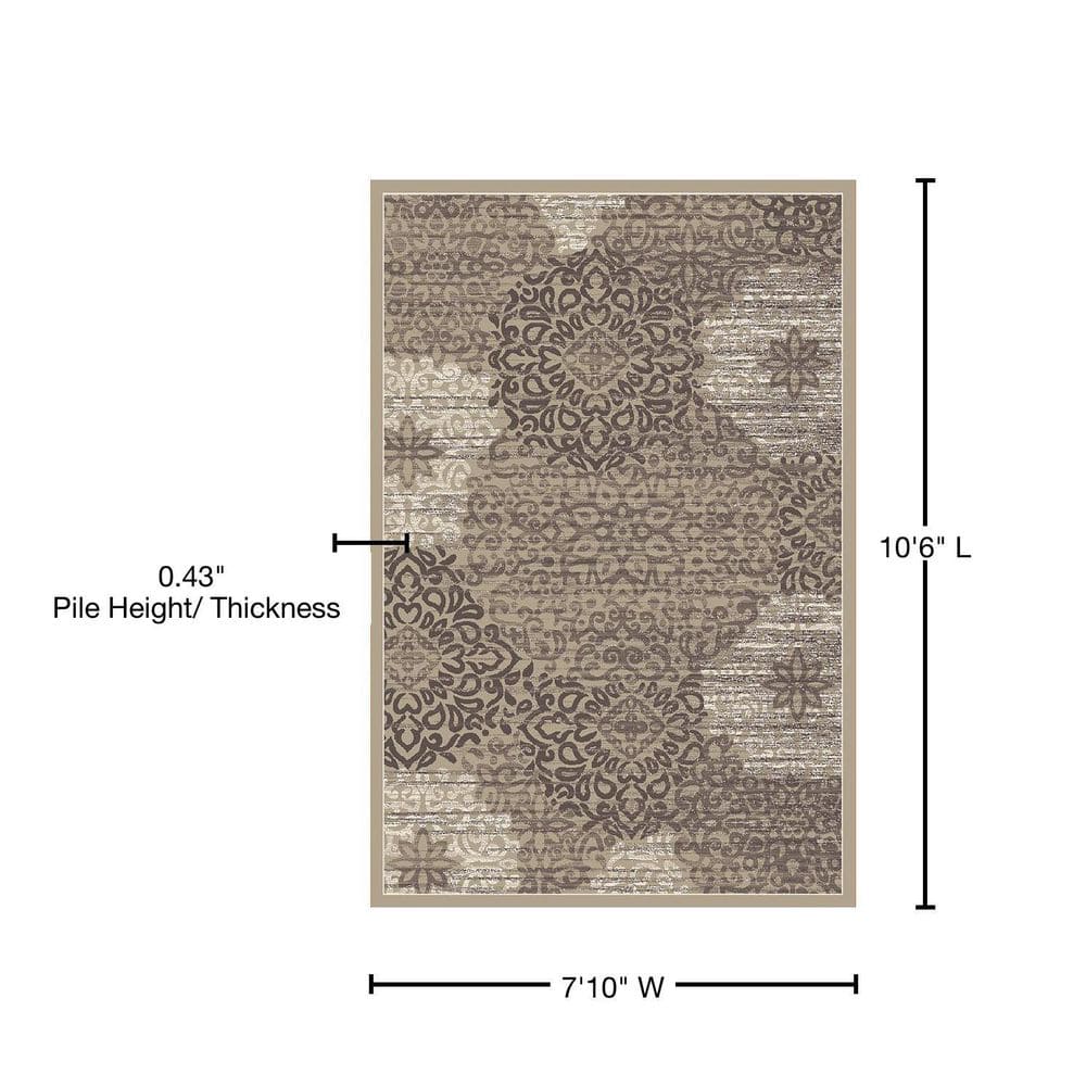 Beige Abstract Damask 7'10" x 10'6" Easy-Care Synthetic Area Rug