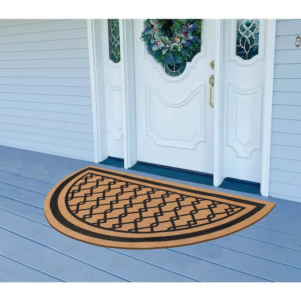A1HC Natural Coir Flock Door Mat Hand Crafted Half Round Black/Beige Coir 30 in. x 60 in. Entry Double Door Mat