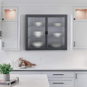 27.60 in L x 9.10 in H x 23.60 in W Double Glass Door Wall Cabinet With Detachable Shelves for Bathroom in Gray