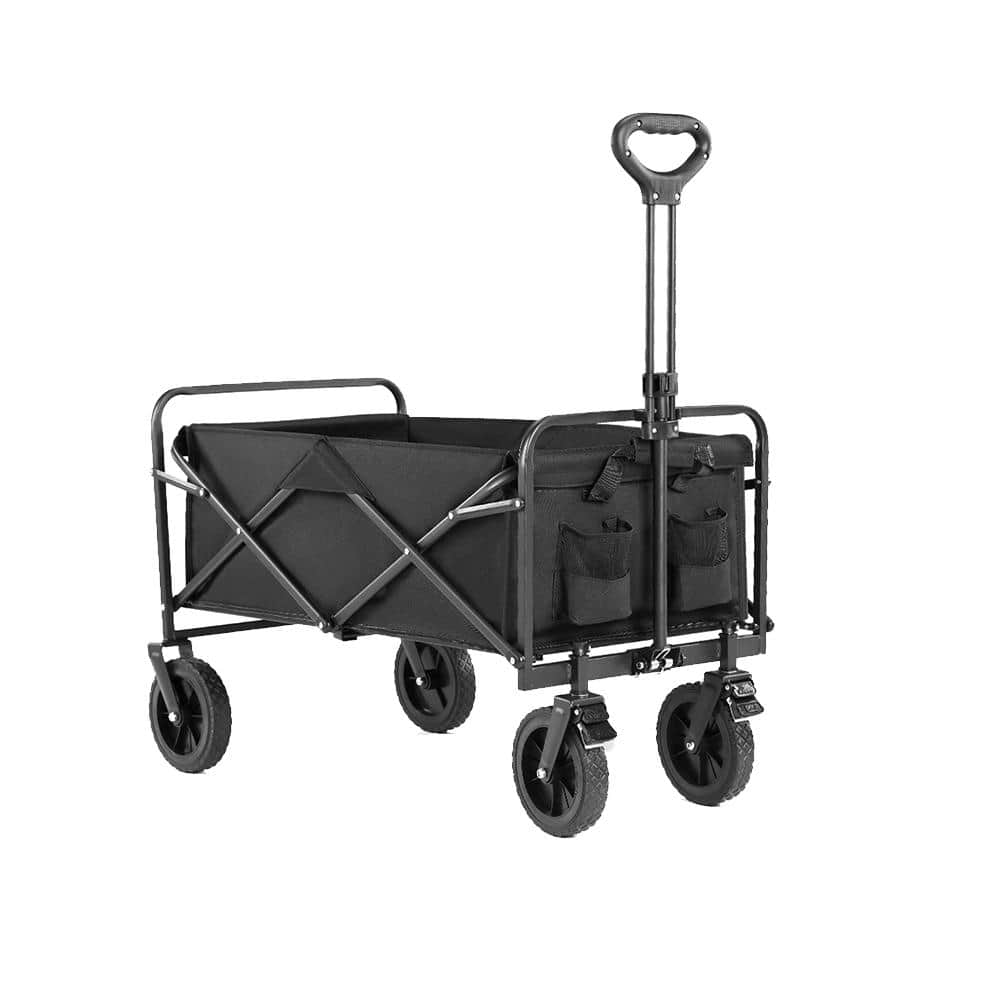Folding Wagon Cart with Wheels, Foldable Grocery Cart, Black