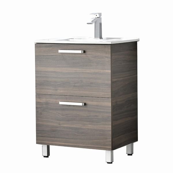 VAPSINT 24 in. W x 18 in. D x 33 in. H 2 Drawers Bathroom Vanity in Walnut Brown with White Ceramic Sink