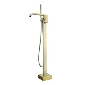 1-Handle Freestanding Floor Mount Tub Faucet Bathtub Filler with Hand Shower in Brushed Gold