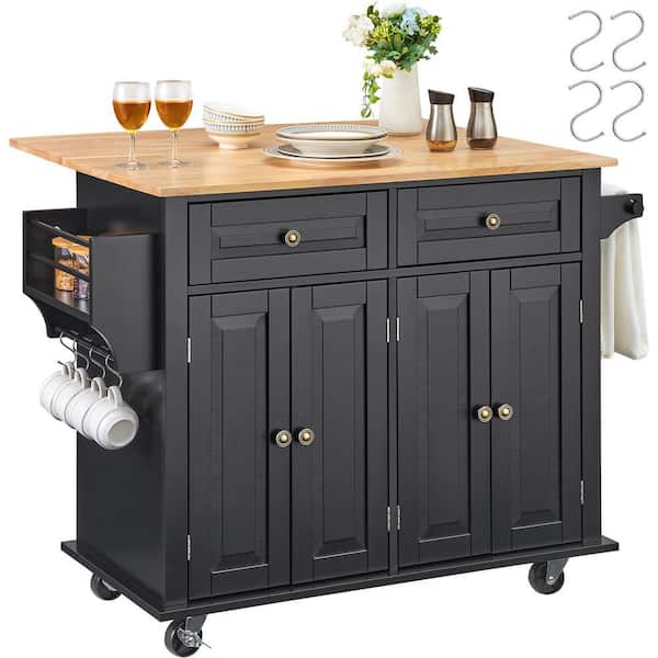 Natural Wood Kitchen Island Cart Rolling Storage Cabinet on Wheel with Drawer and Shelves, Solid Rubber Wood, Black