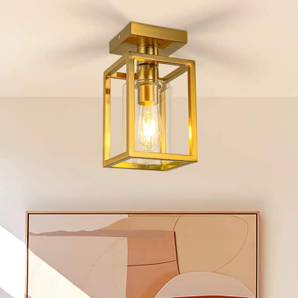 5.51 in. Gold 1-Light Farmhouse Cage Semi Flush Mount Ceiling Light with Glass Shade for Living Room, Bedroom, Entryway