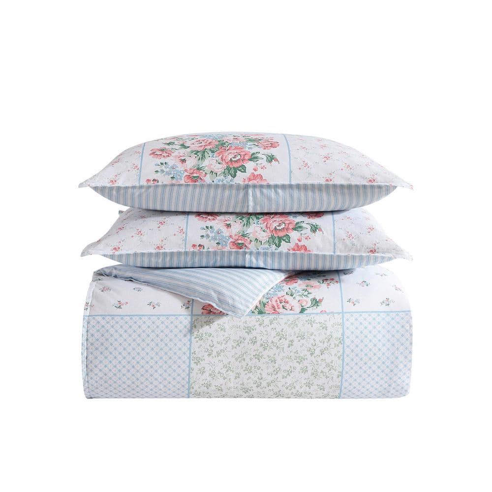 Hope Patchwork Blue and Pink Cotton 7-Piece Duvet Cover Set
