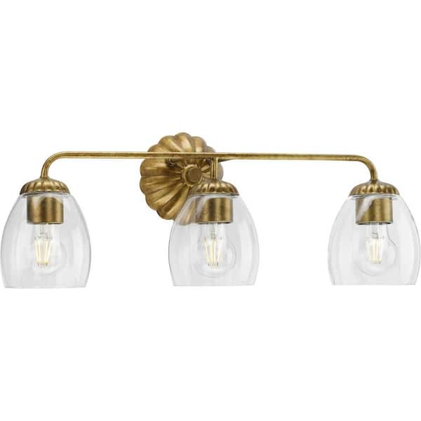 Progress Lighting Quillan 23.87 in. 3-Light Soft Gold Vanity Light with Clear Glass Shade