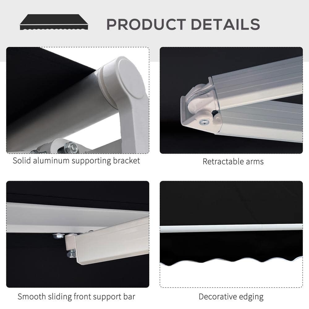 Black Aluminum 8' x 7' Retractable Patio Awning with Fabric Canopy
