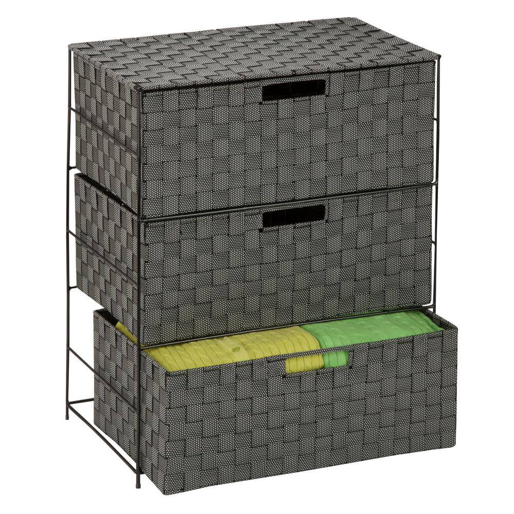 Black and White Woven 3-Drawer Rolling Storage Chest