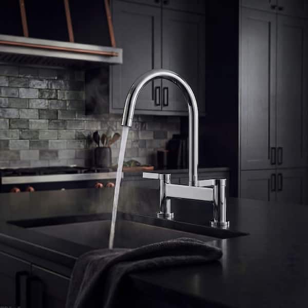 Modern Double-Handle 2-Hole Bridge Kitchen Faucet with 360° Swivel High-Arc Spout in Polished Chrome