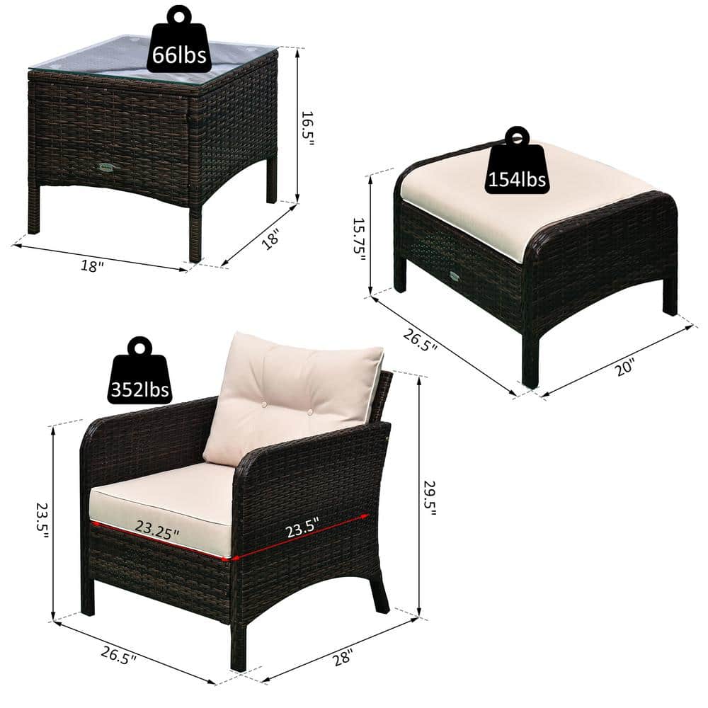 Elegant 5-Piece Rattan Wicker Patio Set with Cushioned Chairs & Glass Table, Brown