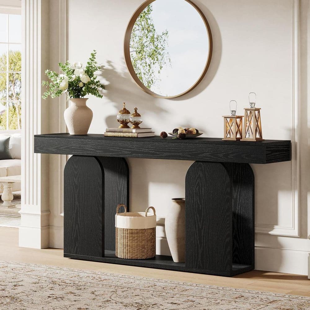 BYBLIGHT Turrella 70.9 in. Black Rectangle Wood Console Tables, 2-Tier ...