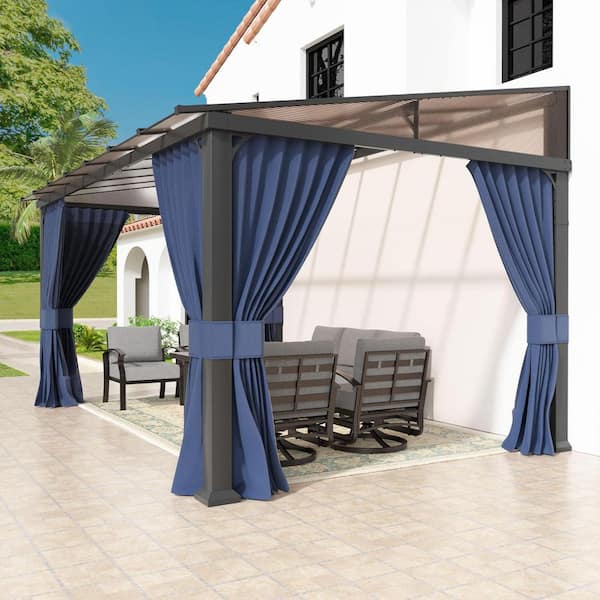 10 ft. x 14 ft. Gray Hardtop Sloping Pitched Roof Gazebo with Curtain Navy Blue