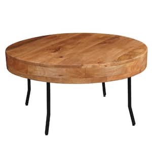 32 in. Brown and Black Round Wood Coffee Table with Metal Angled Legs