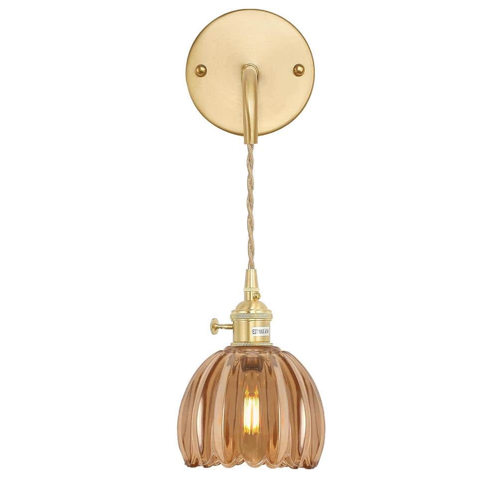 Retro 4.72 in. 1 Light Gold Vintage Smart Home Wall Sconce with Tulip Amber