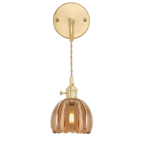 Unbranded Retro 4.72 in. 1 Light Gold Vintage Smart Home Wall Sconce with Tulip Amber Glass Shade