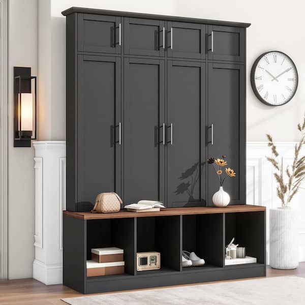 Black Hallway Hall Tree with 4 Hidden Hanging Hooks, Walnut Seating Bench, 8 Doors, Shoe Cabinets