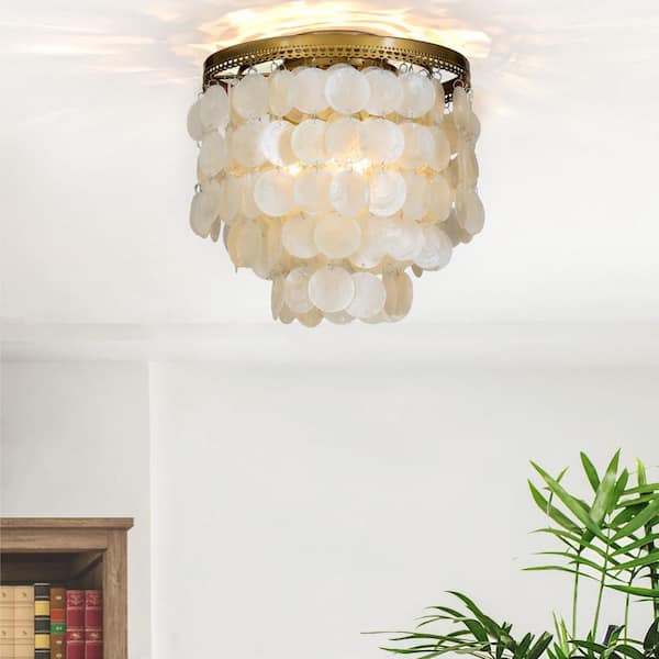 13in 3-Light Small Coastal Natural Capiz Seashell Flush Mount Lighting in Antique Brass
