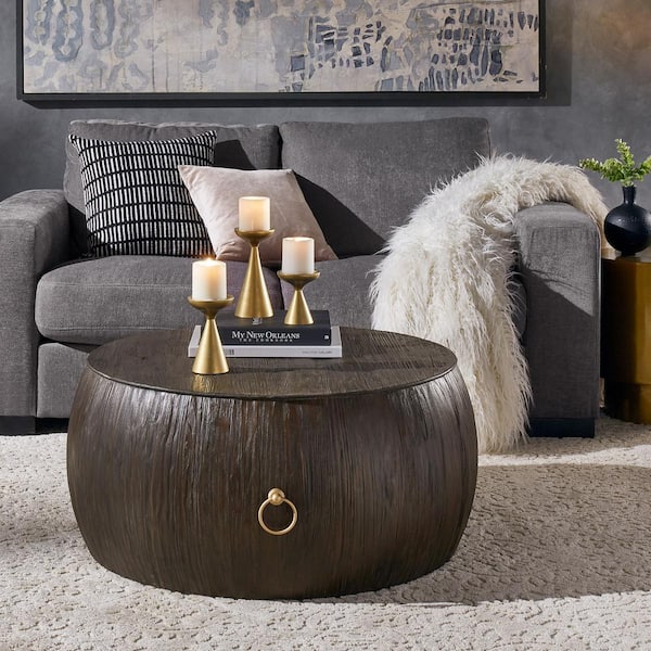 HomeSullivan Brown Reclaimed Wood And Gold Ring Wine Barrel Coffee Table