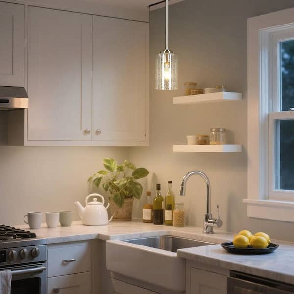 Modern 1-Light Silver Nickel Cylinder Mini Pendant Light with Seeded Glass Shade for Dining Room Kitchen