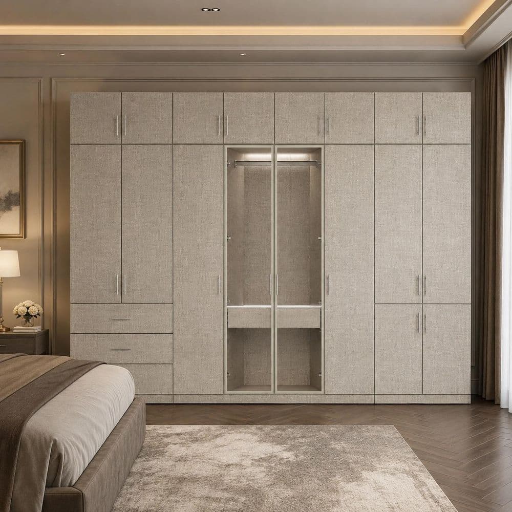 Beige-H Wood 126 in. Armoire with 3 Drawers, Hanging Rods, Shelves, Top Cabinets and Linen Finish for Bedroom Storage price history on PriceWatchPro