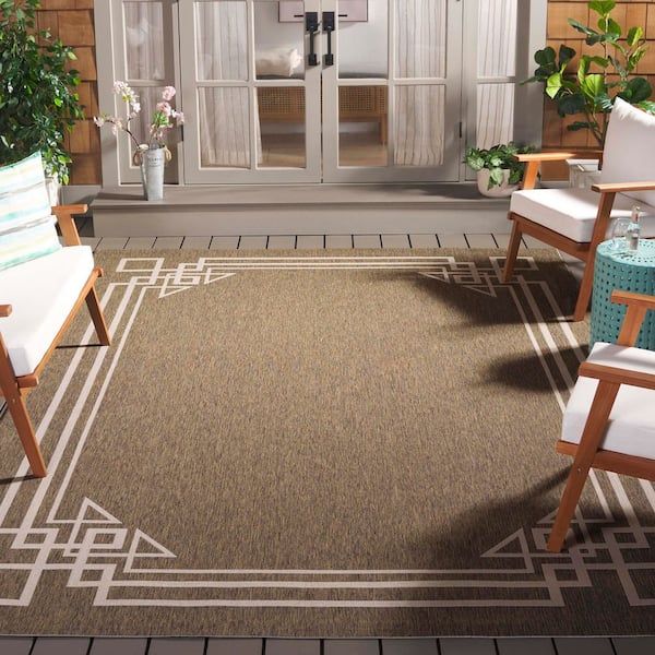 Courtyard Brown/Light Beige 7 ft. x 10 ft. Solid Geometric Border Indoor/Outdoor Area Rug
