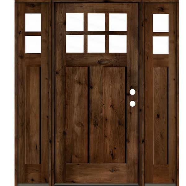 Krosswood Doors 64 in. x 80 in. Craftsman Knotty Alder Provincial Stain Left-Hand 10-Lite Clear Wood Single Prehung Front Door/Sidelites