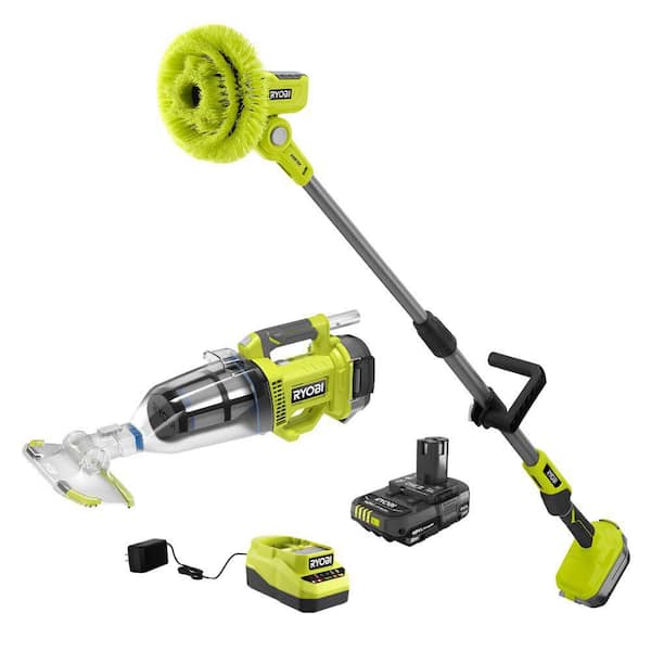 RYOBI ONE+ 18V Cordless Telescoping Power Scrubber and ONE+ 18V Handheld Cordless Pool Vacuum w/ 2.0 Ah Battery and Charger