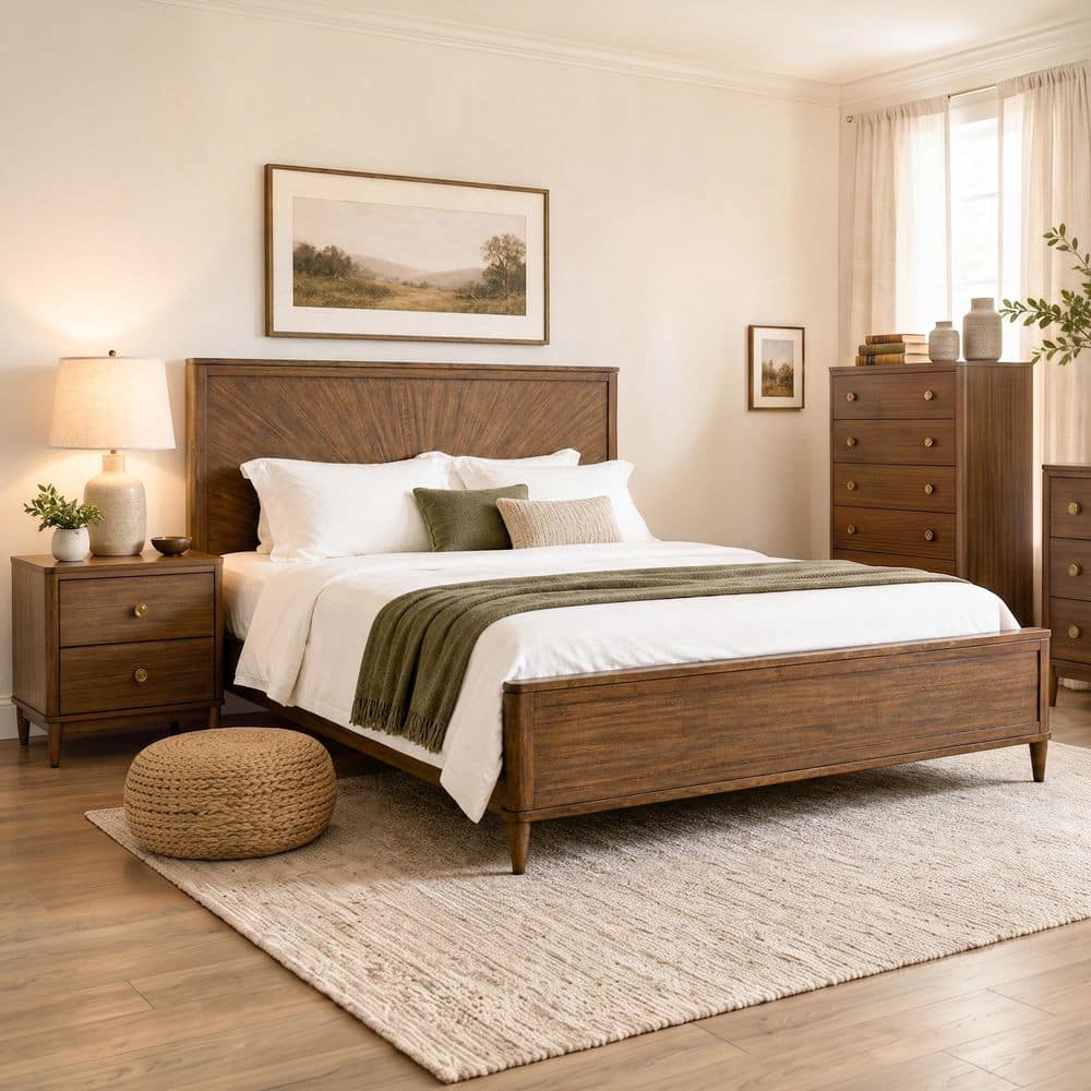 Issac 3-Piece Walnut Wood Queen Panel Bedroom Set with Nightstand and Chest price history on PriceWatchPro