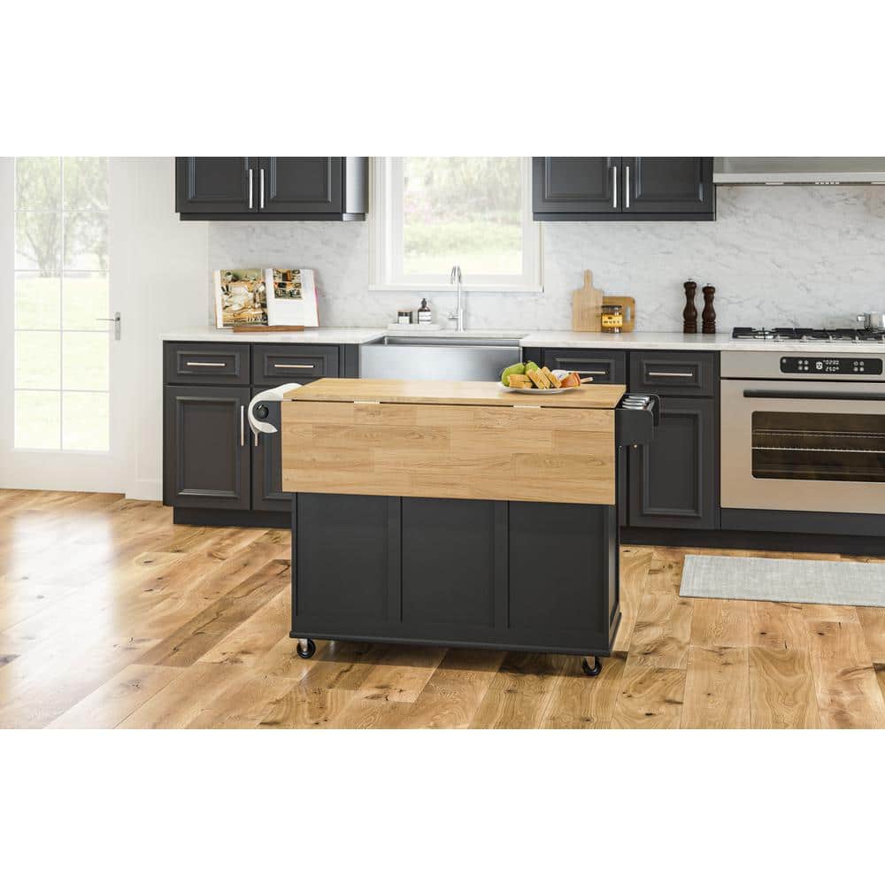 Black Wood Kitchen Cart with Drop Leaf and Storage