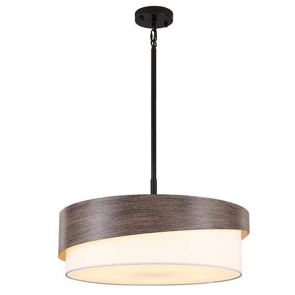 21.56 in. 5-Light Black/Brown Modern Drum Chandelier White Fabric Shade for Kitchen Island Living Room Bedroom Foyer