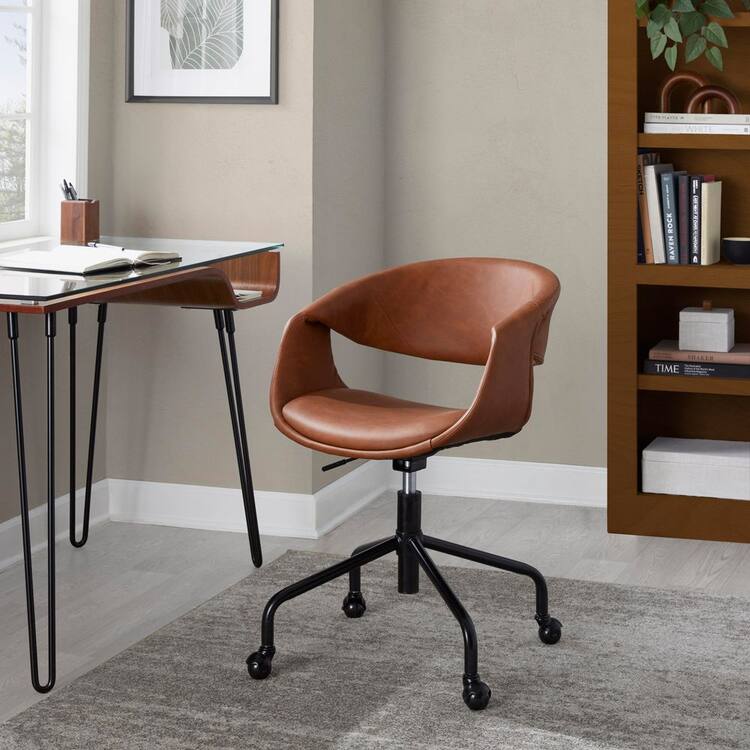 Lumisource Curvo Faux Leather Upholstered Task Chair 34 in. Black Metal and Camel Faux Leather with Nonadjustable Arms
