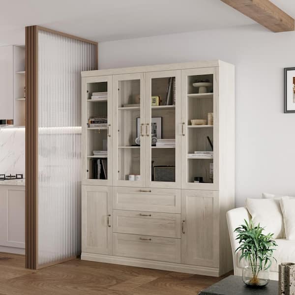 79.9 in. Tall Beige Wood 15-Shelf Standard Bookcase, Accent Storage Cabinet with Glass Doors and 3-Drawers
