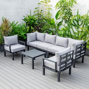 Chelsea 7-Piece Patio Sectional Seating Set Black Aluminum With Coffee Table & Cushions in Light Gray