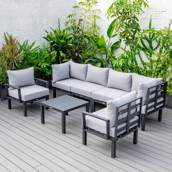 Leisuremod Chelsea 7-Piece Patio Sectional Seating Set Black Aluminum With Coffee Table & Cushions in Light Gray