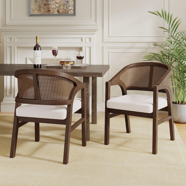 High-end Lines Walnut Color Solid Wood Frame Fabric Padded Dining Chair with Rattan Back (Set of 2)