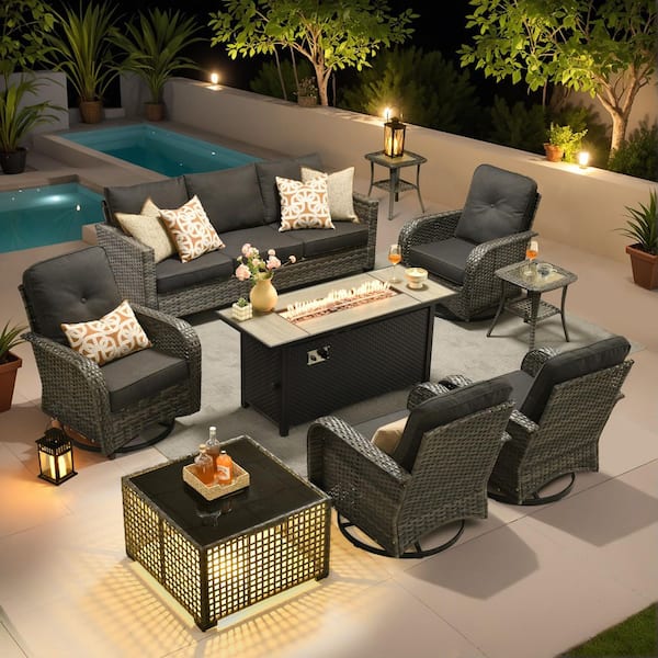 Lotus Gray 9-Piece Wicker Patio Fire Pit Conversation Sofa Set Swivel Rocking Chairs Coffee Table and Black Cushion