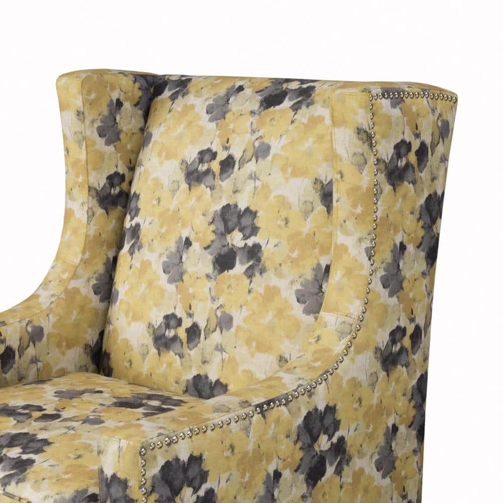 Yellow Floral Wingback Accent Chair with Birch Legs