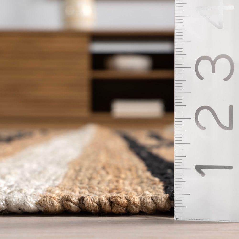 Handmade Black and Beige Striped Jute Rectangular Area Rug, 10' x 14'