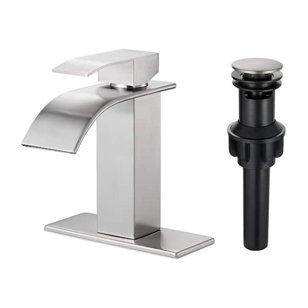 Arc Waterfall Single Handle Single Hole Bathroom Faucet with Drain Kit Includedin Brushed Nickel