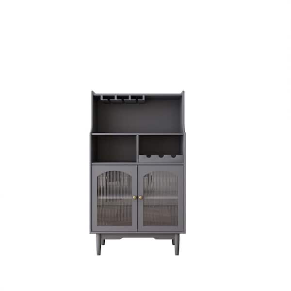 wetiny Living Room Grey Wine Cabinet with Removable Rack and Wine Glass Rack, 1 Cabinet with Glass Doors