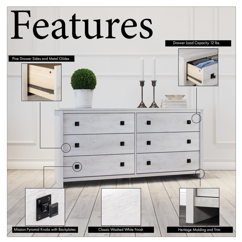 Washed White Farmhouse 6-Drawer Pine MDF Dresser