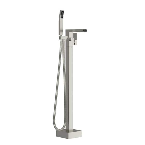 Single-Handle Floor Mount Freestanding Tub Faucet Bathtub Filler with Hand Shower in Brushed Nickel