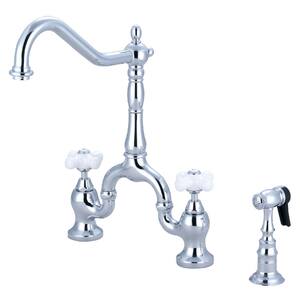 Kingston Brass Whitaker Double-Handle Deck Mount Gooseneck Bridge Kitchen  Faucet with Brass Sprayer in Brushed Brass HKS2337KL - The Home Depot